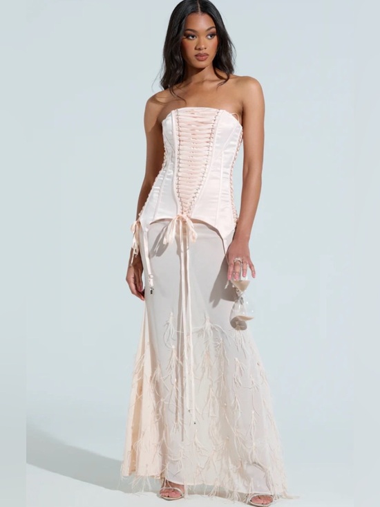 AKIRA Dresses & Skirts - AKIRA Blush Pink Lace-Up Corset & Sheer Embroidered Skirt Set FEATHER BALLERINA